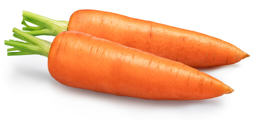Two fresh ripe carrots isolated on white background. File contains clipping path.