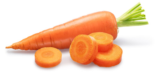 Red carrot with round carrot slices isolated on white background. File contains clipping paths.