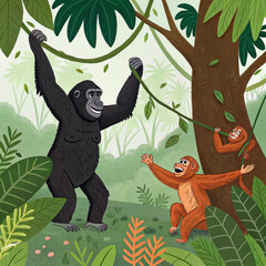Title: Playful Gorillas and Orangutans in the Jungle - Cute Animal Illustration

