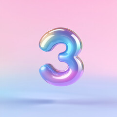 Naklejka premium A iridescent,bubble-like number three floats against a pastel background.