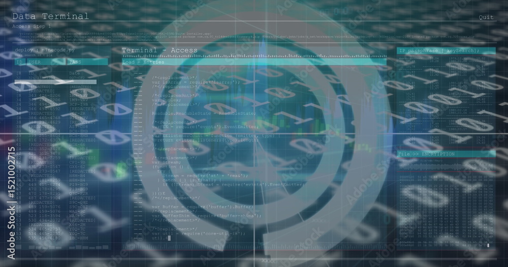 Wall mural image of data processing and circles on black background