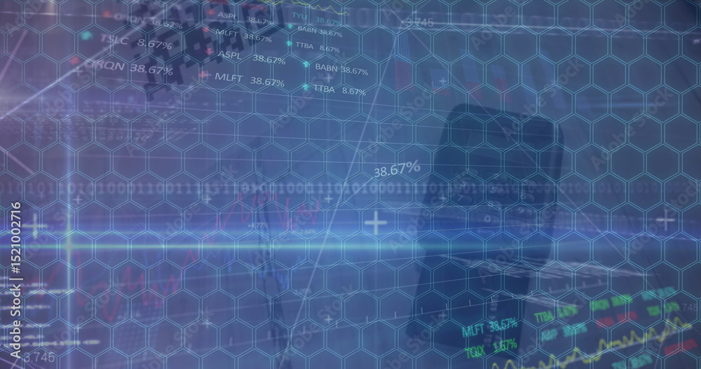 Poster image of shapes over data processing and network of connections on white background