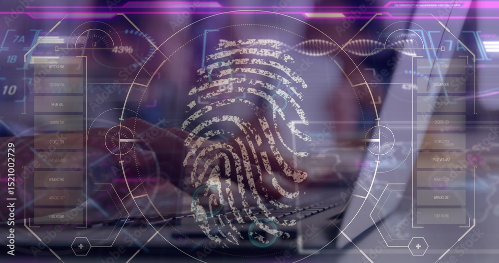 Poster image of data processing over hands using laptop