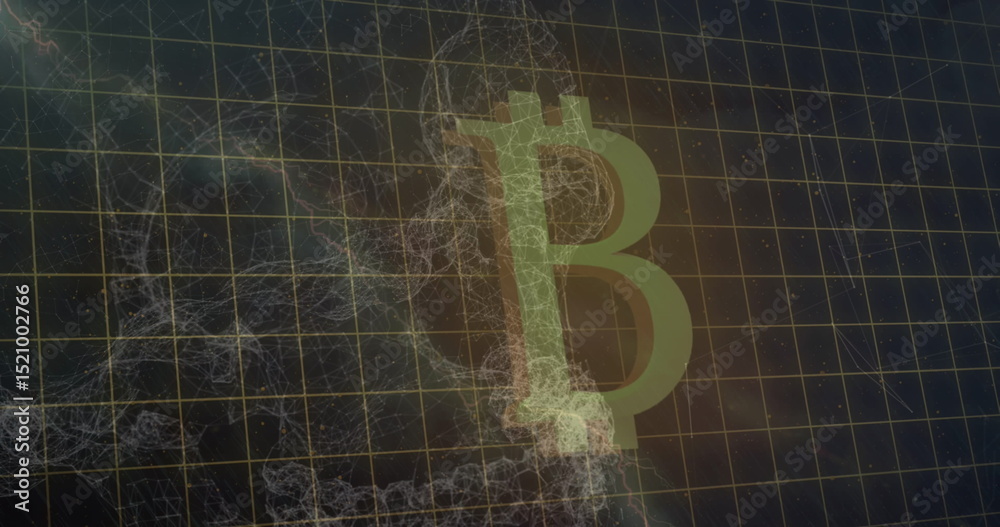 Poster image of shapes and bitcoin over data processing on black background