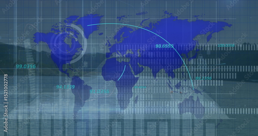 Poster image of graphs and data over world map
