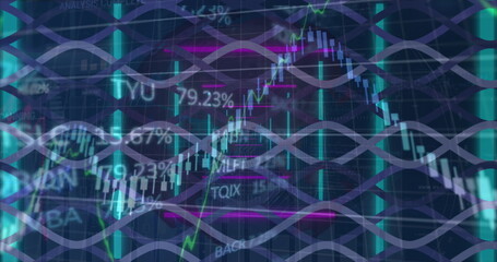 Image of shapes over data processing and neon tunnel on black background