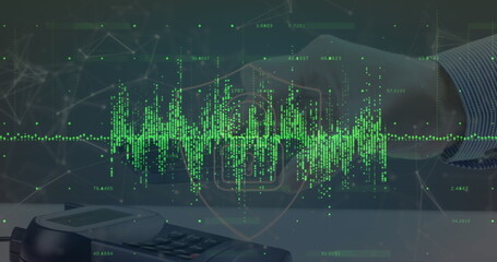 Image of data processing over hand paying with smartphone