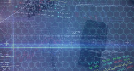 Image of shapes over data processing and network of connections on white background