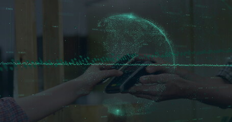 Image of data processing over hand paying with smartphone
