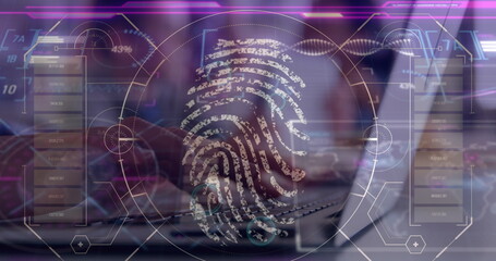 Image of data processing over hands using laptop