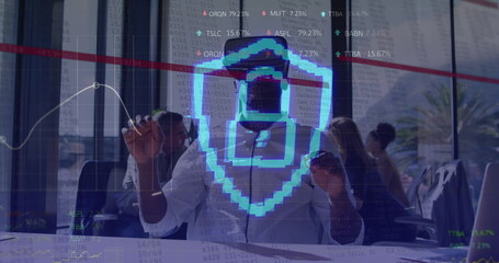 Image of data processing over african american businessman using vr headset