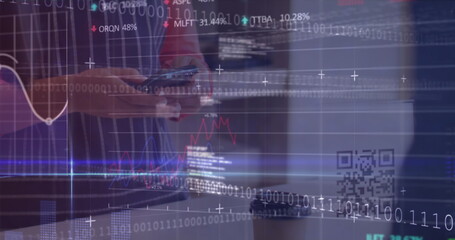 Image of data processing over hand giving coffee