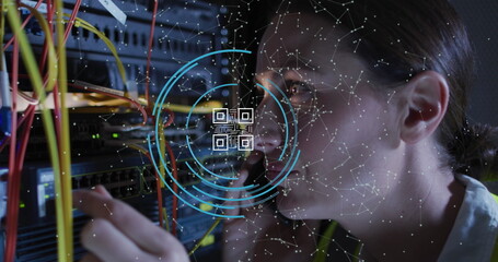 Image of data processing and qr code over caucasian female worker in server room