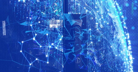 Image of moving shapes and globe over server room