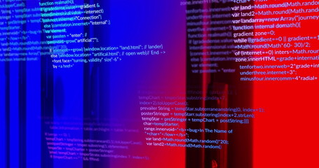 Image of data processing and shapes over server room