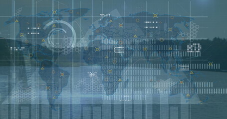 Image of graphs and world map on grey background
