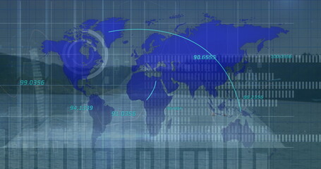 Image of graphs and data over world map