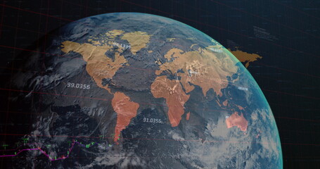 Image of globe rotating over world map and black background