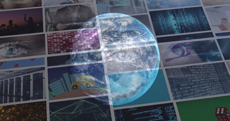 Image of globe rotating over data on screens