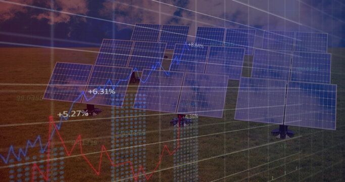 Fototapeta Image of data processing and solar panels over clouds