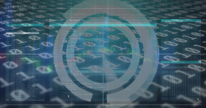 Image of data processing and circles on black background