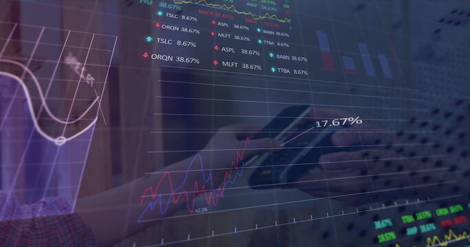 Image of data processing over hand paying with smartphone