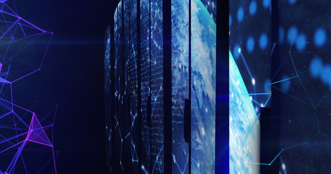 Image of data processing and shapes on black background