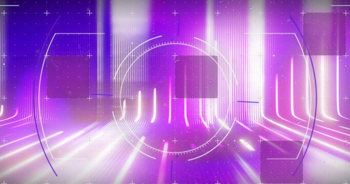 Image of scope scanning and shapes on purple background - Powered by Adobe