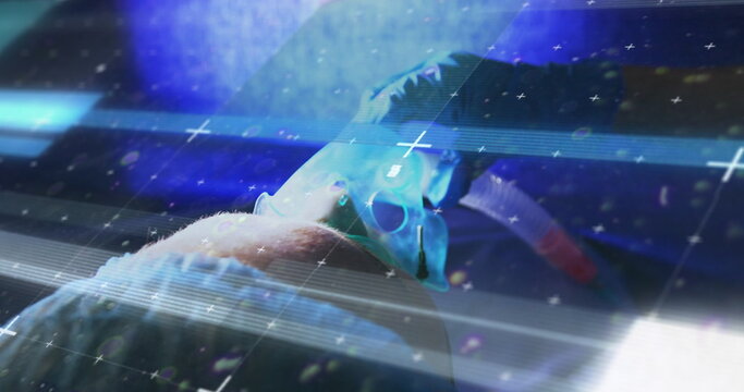 Image of data processing over caucasian patient with oxygen mask