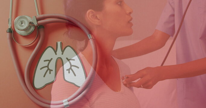 Image of caucasian woman with doctor over lungs and stethoscope