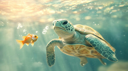 Fototapeta premium Underwater scene of a sea turtle and a goldfish.