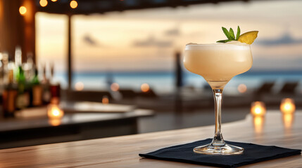 Refreshing cocktail with frozen texture, garnished with mint and lime, set against beautiful