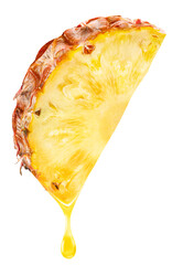 Slice of ​pineapple fruit and pineapple juice dripping from it on a white background. File includes clipping path.