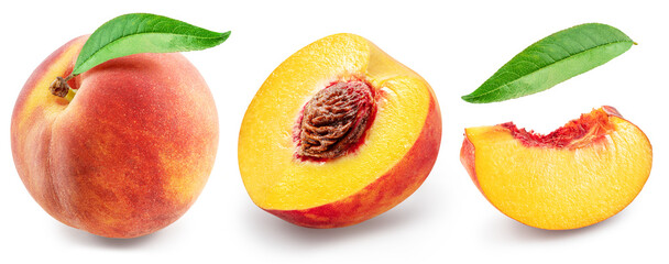 Set of red peach, juicy peach slices isolated on white background. File contains clipping paths.