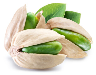 Green pistachio nuts with pistachio shell isolated on a white background.