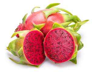 Dragon fruit and dragon fruit cut in half isolated on white background. File contains clipping paths.