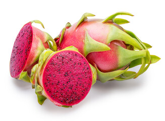Dragon fruit and dragon fruit cut in half isolated on white background. File contains clipping paths.