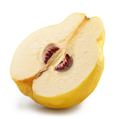 Longitudinal section of quince fruit with brown seeds isolated on white background. File contains clipping path.