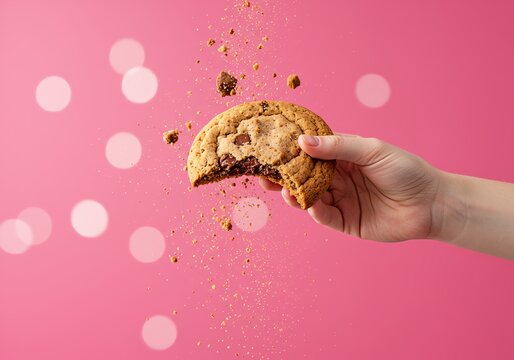 Hand holding a bitten chocolate chip cookie against a bright pastel background, crumbs falling, high-speed photography style