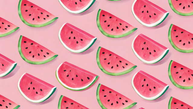 A diagonal repeating pattern of painted watermelon slices on a pink background, ideal for summery designs.