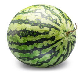Round striped watermelon isolated on white background. Clipping path.