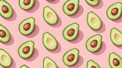 Seamless pattern of avocado halves on a pastel pink background, representing healthy eating, trendy food, and vibrant freshness.