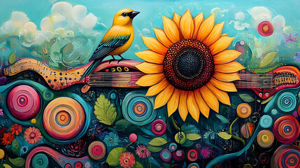 Vibrant floral and musical artwork featuring a bird and sunflower.