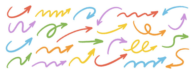 Arrow set. Crayon, charcoal, pastel, chalk hand drawn colorful elements, doodle style stroke. Sketch pencil grunge textured wave arrows, direction pointers, and curved lines. Vector illustration