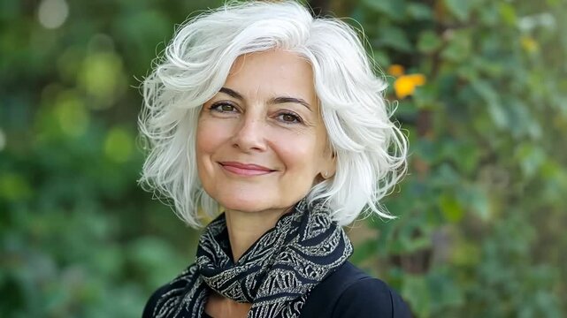 Generative 4k video. Mature woman with stylish white hair and scarf smiles warmly in a lush garden setting, showcasing natural beauty and confidence in a serene environment