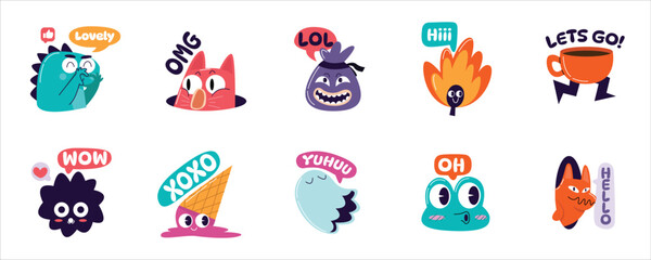 Cartoon Characters with Speech Bubbles and Expressive Messages