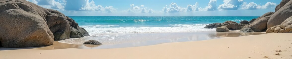 Smooth, grey rocks meet a sandy beach at low tide, waves gently lapping the shore Perfect for travel, nature, and coastal themes Ideal for websites, brochures, or magazines , calm, sandy beach, sun