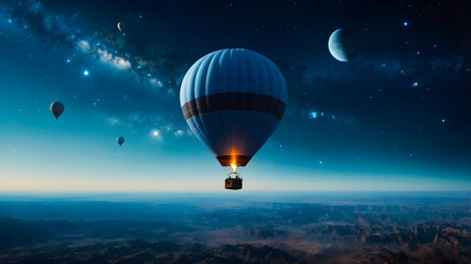 A hot air balloon is flying very high at night. Outer space landscape view of the sky full of stars. A beautiful fantasy background. AI-Generated