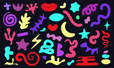 Fototapeta premium Abstract geometric colorful elements. Retro y2k forms set. Futuristic flat icons.