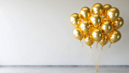 A bunch of luxury golden balloons on a white background. Birthday celebration concept with copy space. AI-Generated